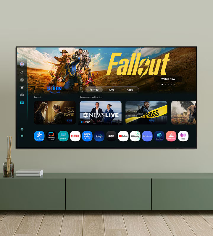 Interfaz del sistema operativo One UI Tizen en el televisor Crystal UHD, donde podés ver una pantalla de inicio organizada con acceso rápido a tus apps favoritas como Netflix, Disney+ y Prime Video, además de recomendaciones personalizadas de películas y series para que encuentres lo que querés mirar al instante.
