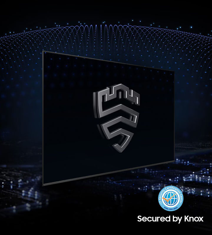 Imagen del televisor Samsung Crystal UHD mostrando el logo de un escudo plateado sobre un fondo de red digital brillante, destacando la protección multicapa de Samsung Knox Security que resguarda tu privacidad y tus datos personales.