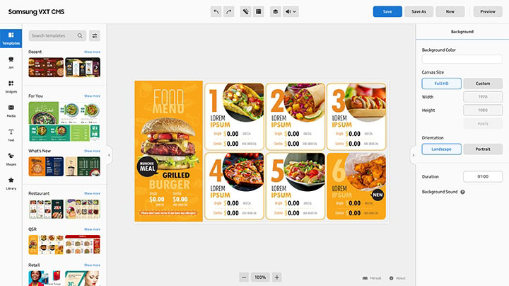 Interfaz de Samsung VXT CMS con panel de plantillas a la izquierda, diseño de menú de comida en el centro y opciones de configuración de lienzo a la derecha