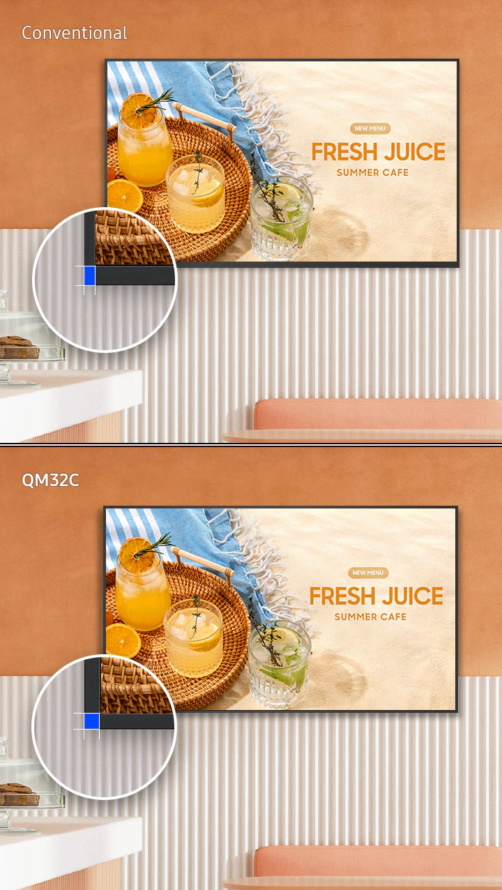 Comparación lado a lado entre una pantalla convencional y la Samsung QM32C mostrando el mismo anuncio, con zoom que resalta la diferencia de bisel en la esquina inferior izquierda