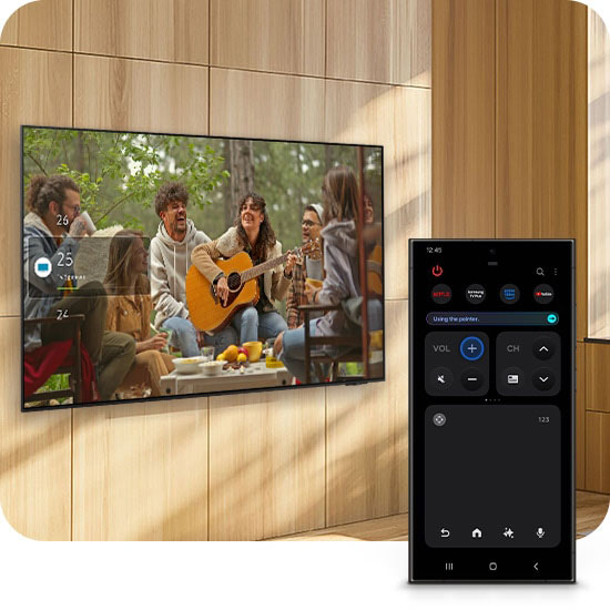 Imagen que muestra la función Quick Remote, permitiéndote controlar tu televisor Crystal UHD directamente desde tu celular para que manejes el volumen y las apps con total comodidad.