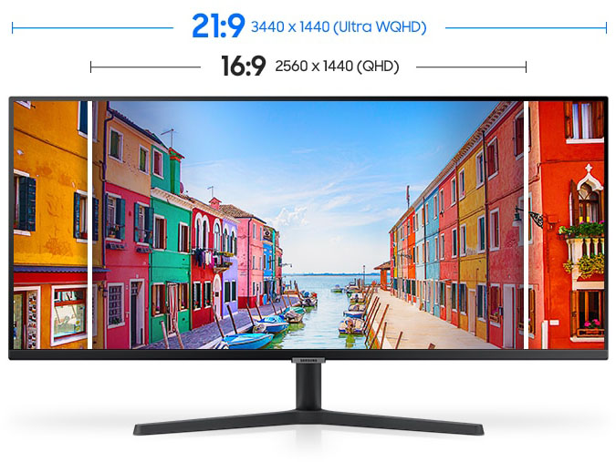 Se muestra el monitor S50GC con pantalla de resolución Ultra WQHD (3440x1440) con relación de 21:9 y el área QHD (2560 x 1440) con relación de 16:9 está encajonada dentro de la pantalla, lo que implica que uno puede tener una visión más amplia en Ultra WQHD.