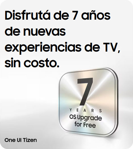 Gráfico promocional del televisor Crystal UHD que destaca 7 años de actualizaciones gratuitas del sistema operativo One UI Tizen, asegurándote que vas a disfrutar de nuevas experiencias y funciones por mucho más tiempo sin costo adicional.
