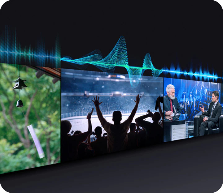 Visualización de la función Adaptive Sound en el televisor Crystal UHD, que muestra ondas de sonido inteligentes ajustándose automáticamente según el tipo de contenido, ya sea el tintineo de una campana de viento, el ambiente de un estadio lleno o la claridad de las voces en un noticiero.
