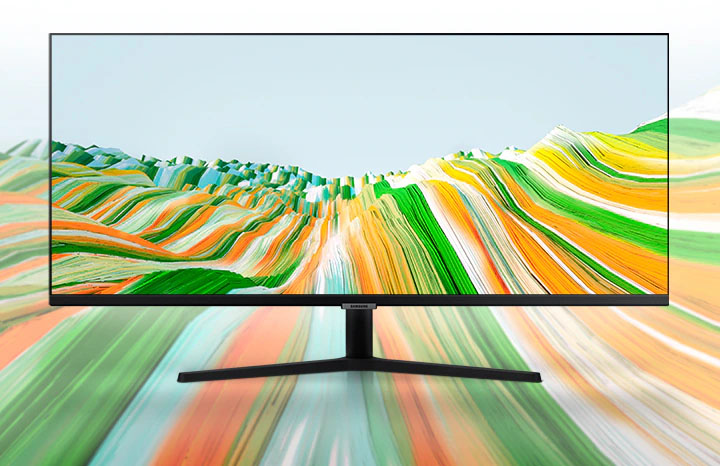 El monitor S50GC está colocado con las coloridas montañas de fondo y muestra el mismo fondo en la pantalla para mostrar el diseño sin bisel.