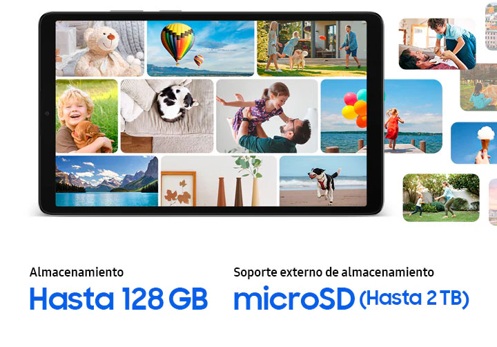 En la pantalla de la Galaxy Tab A11 se muestra un collage de fotos distribuidas en tres filas horizontales. Algunas imágenes se extienden más allá del marco de la tablet. Las fotos retratan momentos familiares, incluyendo mascotas y viajes. Debajo de la tablet y las imágenes, se indica la información de almacenamiento: Almacenamiento: hasta 128 GB Compatibilidad con almacenamiento externo: microSD (hasta 2 TB)