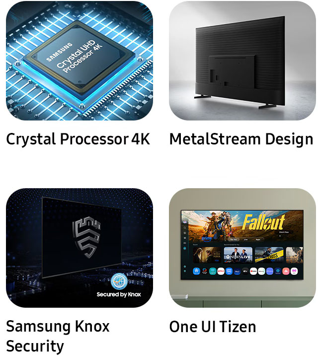 Cuatro paneles que destacan las características del televisor Samsung 50 Crystal UHD U8000F: el Crystal Processor 4K para optimizar imagen, el diseño elegante MetalStream, la protección de datos con Samsung Knox Security y la interfaz fluida One UI Tizen.