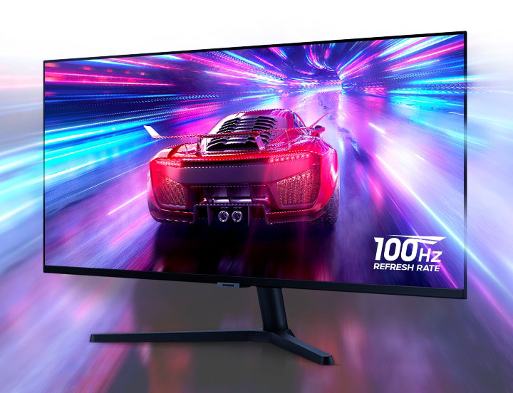 El monitor S50GC muestra un coche alejándose a toda velocidad de la cámara en un túnel multicolor. La imagen fluida incluso a alta velocidad demuestra la frecuencia de actualización de 100 Hz.