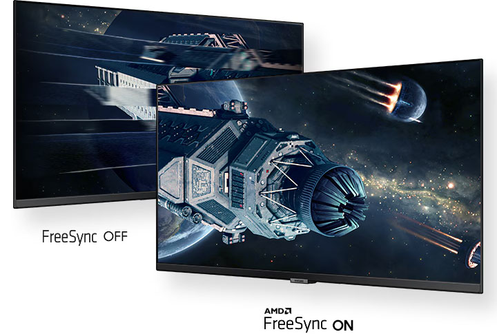 Dos monitores S50GC, uno al lado del otro, muestran la misma nave espacial. El lado izquierdo tiene FreeSync desactivado mientras que el lado derecho tiene FreeSync activado, lo que demuestra el impacto de FreeSync en la prevención de roturas de pantalla.