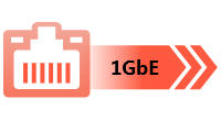 Icono de un puerto Ethernet color naranja con una flecha de velocidad que indica 1GbE.