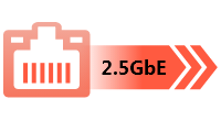 Icono de un puerto Ethernet color naranja con una flecha de velocidad que indica 2.5GbE.