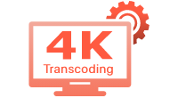 Icono de un monitor con un engranaje y el texto 4K Transcoding, que simboliza el motor de transcodificación de video.