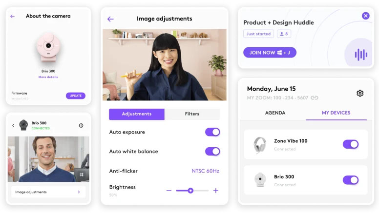 Una mujer en una videollamada sonriente. Se muestran tres capturas de pantalla de la aplicación Logi Tune: una con información de la webcam Brio 300, otra con ajustes de imagen (exposición automática, balance de blancos, brillo) y otra con el estado de conexión de la Brio 300.