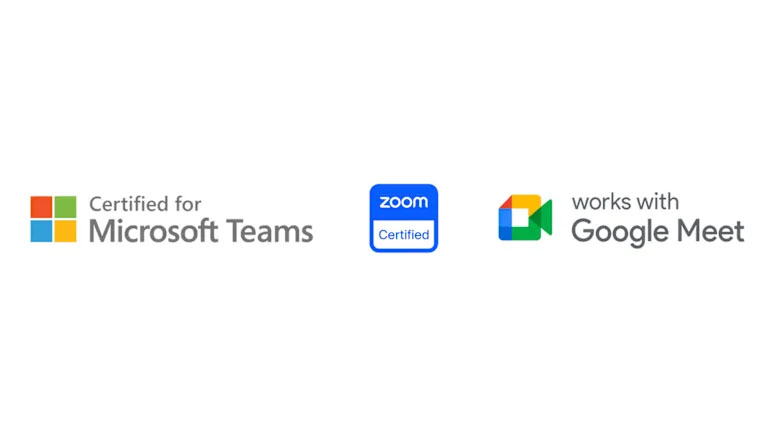 Una imagen que muestra los logos Certificado para Microsoft Teams, Zoom Certified y Funciona con Google Meet.