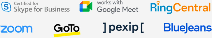 Logos Certificación empresarial: Skype for Business, Google Meet, RingCentral, Zoom, GoTo, pexip y BlueJeans.