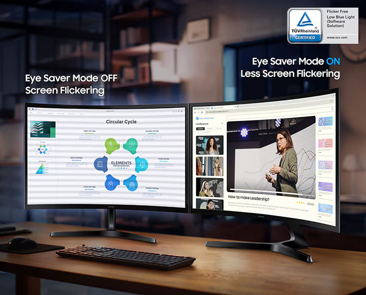 Hay dos monitores, y el de la izquierda parpadea y emite luz azul ya que el Modo Eye Saver está desactivado. El de la derecha parpadea menos y no emite luz azul, ya que el modo Eye Saver está activado. Encima hay un logotipo de certificación TUV.