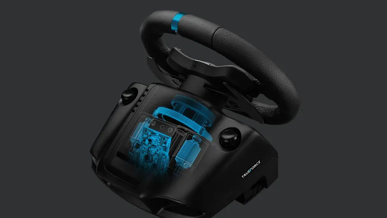 Vista en corte del interior de la base del volante Logitech G923 TRUEFORCE mostrando los componentes internos del motor de force feedback en azul brillante.