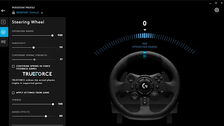 Captura de pantalla del software G Hub de Logitech mostrando la pantalla de configuración del volante G923 TRUEFORCE con ajustes de rango de giro, sensibilidad, fuerza del muelle de centrado y efectos TRUEFORCE.