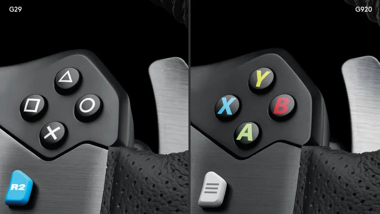 Primer plano comparando los botones del volante Logitech G29 con símbolos de PlayStation y el G920 con letras de Xbox