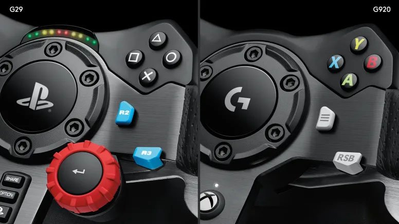 Primer plano comparando los botones y el centro de los volantes Logitech G29 para PlayStation con indicador de RPM y G920 para Xbox