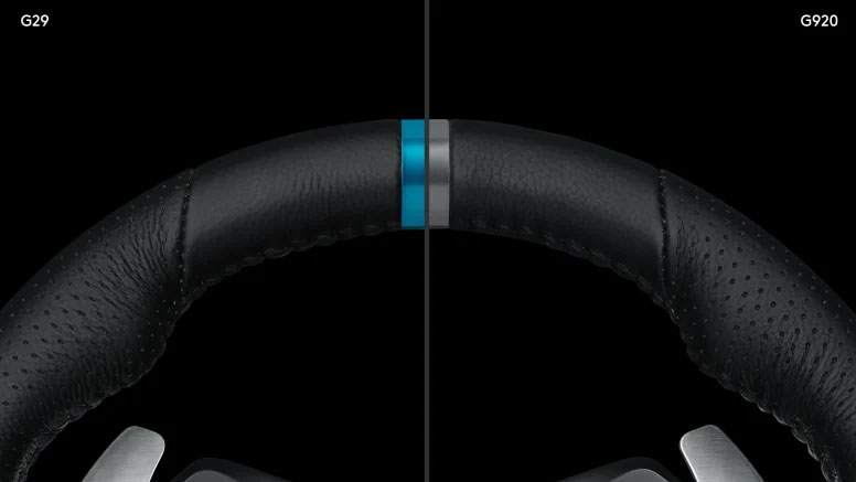 Primer plano de la franja central en la parte superior del volante de cuero cosido del Logitech G29 y el G920