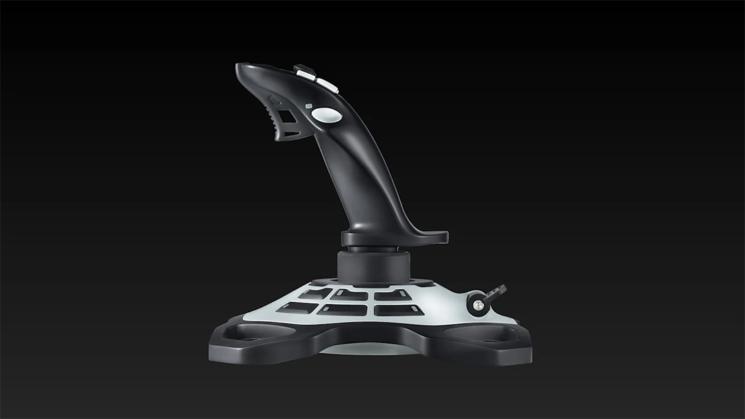 Joystick Logitech Extreme 3D Pro de perfil lateral y fondo negro