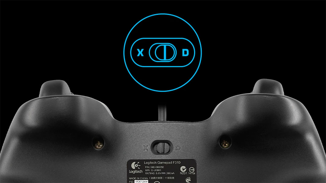 Control deslizante en la parte trasera del gamepad Logitech F310, con opciones marcadas como X y D, que permite cambiar entre los modos XInput y DirectInput.