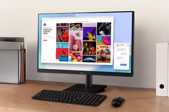 Monitor LG de 24 pulgadas 24MS500-B sobre un escritorio, mostrando contenido creativo para un entorno de trabajo cómodo.