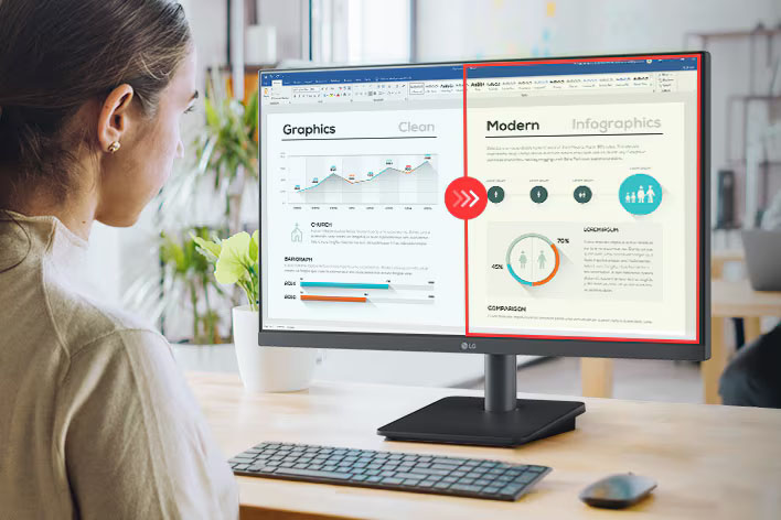 Persona usando una computadora con monitor LG que muestra una comparación dividida de claridad en documentos gráficos, resaltando la mejora en la visualización de infografías y textos con el Modo Lector