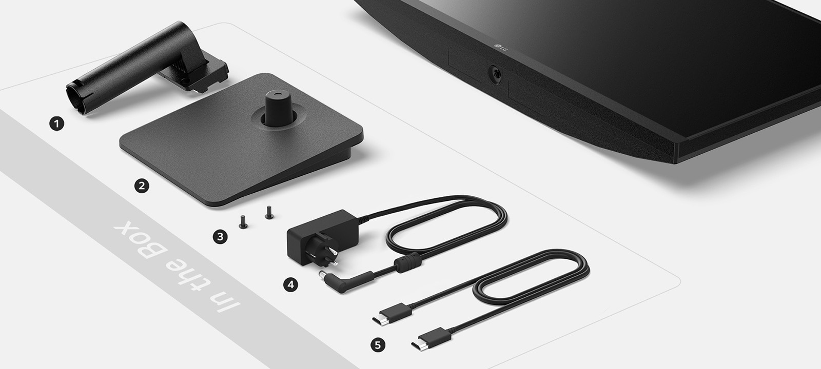 Contenido de la caja: 1. Cuerpo del soporte 2. Base del soporte 3. Tornillo 4. Adaptador + cable de alimentación 5. Cable HDMI