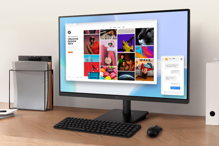 Monitor LG de 27 pulgadas 27MS500-B sobre un escritorio, mostrando contenido creativo para un entorno de trabajo cómodo.