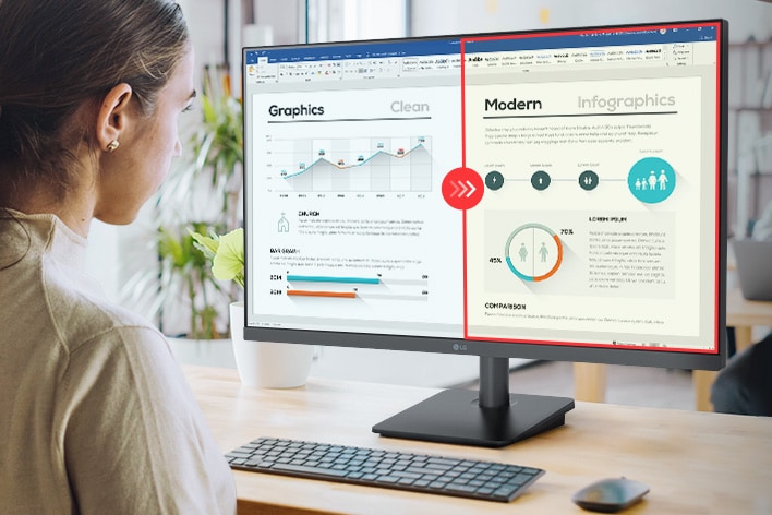 Persona usando una computadora con monitor LG que muestra una comparación dividida de claridad en documentos gráficos, resaltando la mejora en la visualización de infografías y textos con el Modo Lector