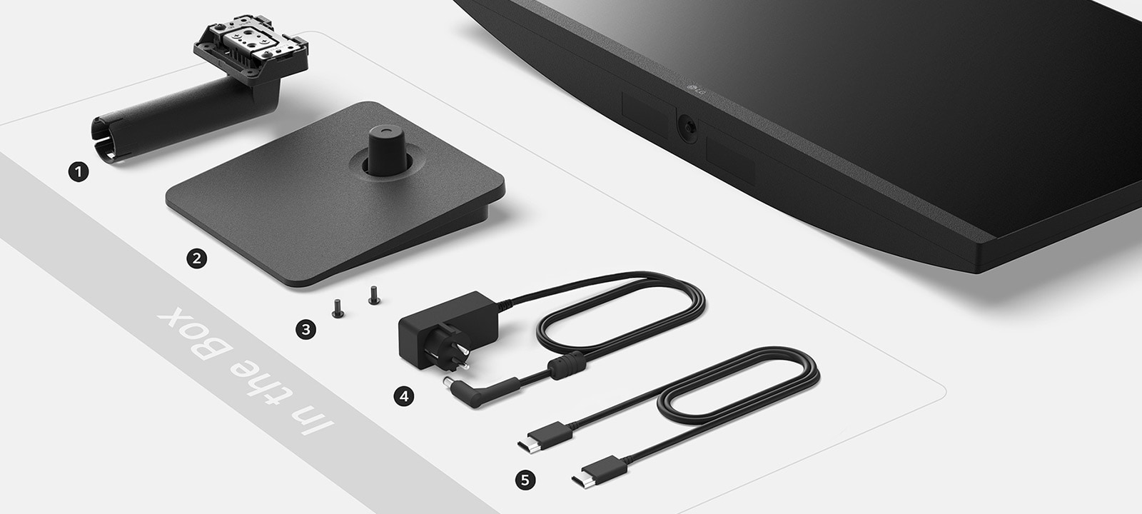 Contenido de la caja: 1. Cuerpo del soporte 2. Base del soporte 3. Tornillo 4. Adaptador + cable de alimentación 5. Cable HDMI