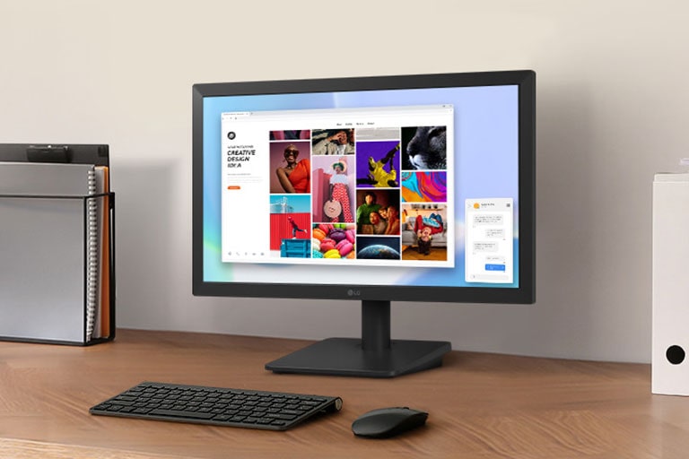 Monitor LG de 19.5 pulgadas en escritorio, mostrando contenido creativo para un entorno de trabajo cómodo.