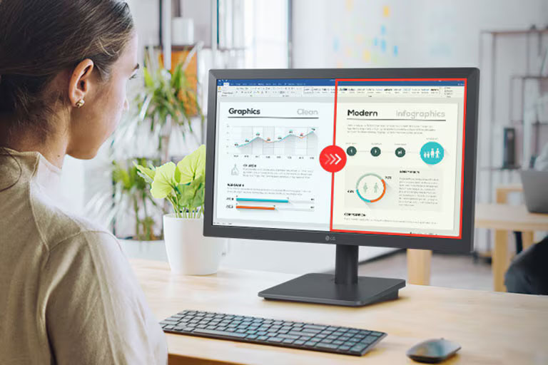 Persona usando una computadora con monitor LG que muestra una comparación dividida de claridad en documentos gráficos, resaltando la mejora en la visualización de infografías y textos con el Modo Lector