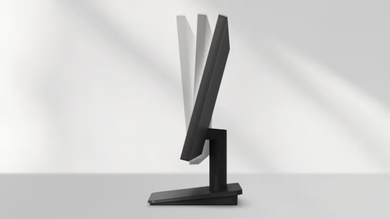 Monitor LG HD+ de 19,5 pulgadas 20U401A-B negro visto de perfil mostrando su capacidad de inclinación ajustable en diferentes ángulos.