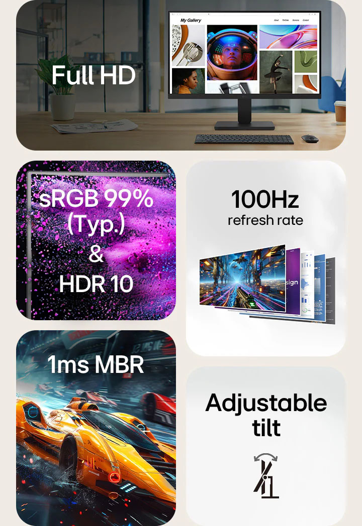 Características del monitor LG 22U401A-B destacando Full HD, sRGB 99%, HDR 10, 100Hz, 1ms MBR e inclinación ajustable