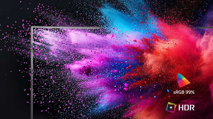 Monitor LG mostrando una explosion de colores vivos con indicadores sRGB 99 % y HDR