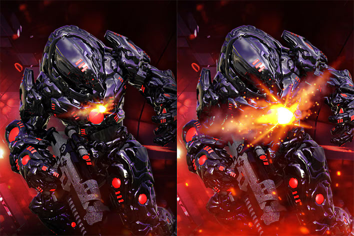Comparación de escena gaming con Dynamic Action Sync para mostrar una respuesta más rápida durante la acción