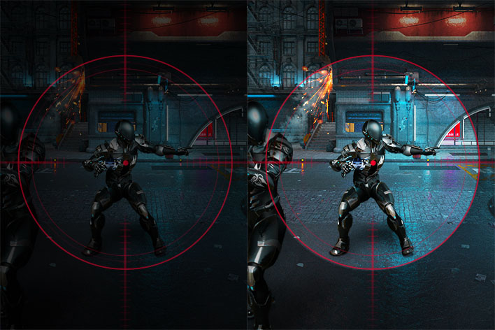 Comparación de escena gaming con Black Stabilizer para mejorar la visibilidad en zonas oscuras