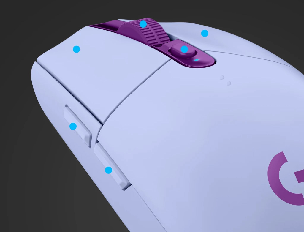 Vista lateral trasera del Mouse Logitech G305 LIGHTSPEED, con marcas en los botones
