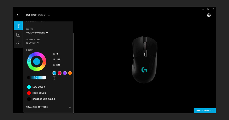 Captura de pantalla del software para juegos Logitech G HUB