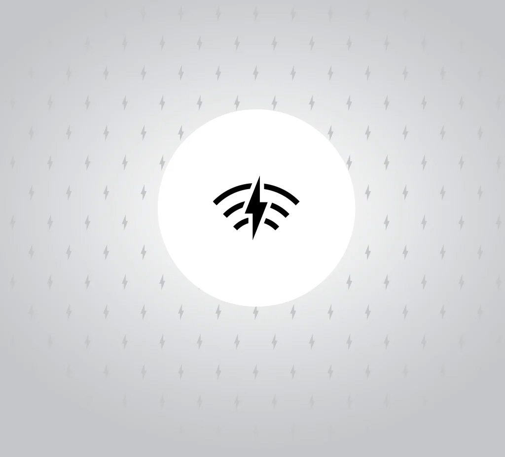 Circulo blanco con el logo de la Tecnología inalámbrica LIGHTSPEED, sobre un fondo gris estampado con iconos de rayos