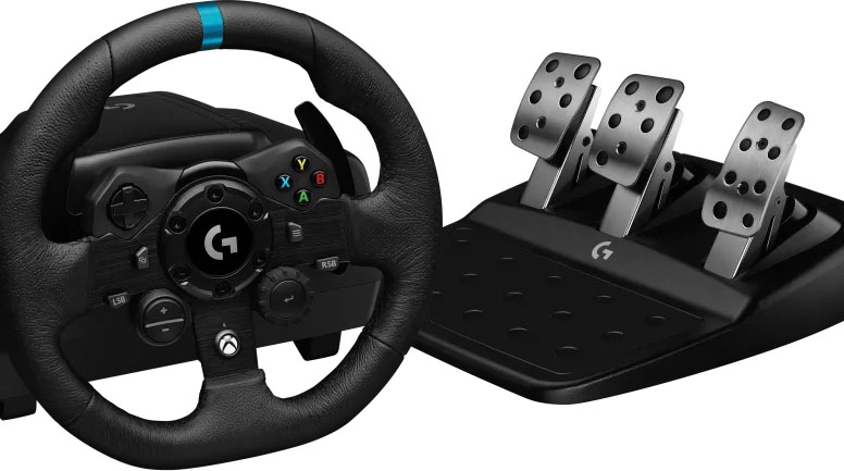 Volante de carreras Logitech G923 TRUEFORCE negro para Xbox con los botones A, B, X, Y en color y su pedalera de tres pedales de metal.