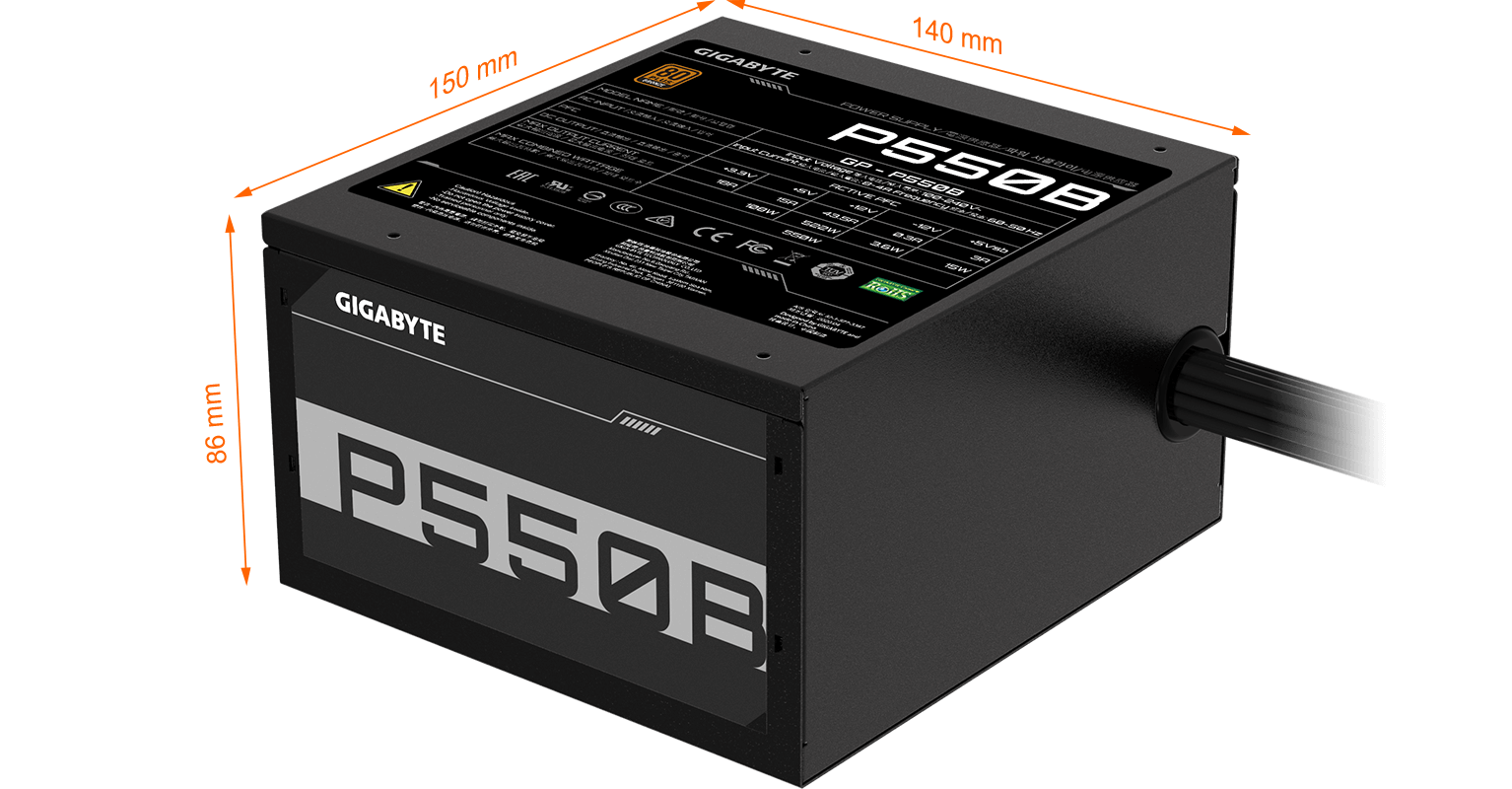 Dimensiones de la Fuente Gigabyte P550B: 150mm (Ancho) x 140mm (Largo) x 86mm (Alto)