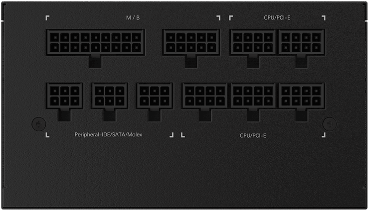 Vista frontal de los conectores para los cables modulares de la fuente