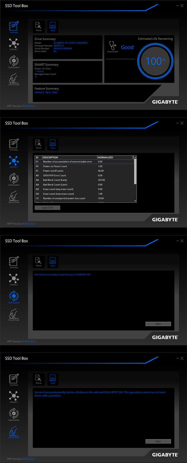 Capturas de pantalla de la interfaz de usuario del software SSD Tool Box de Gigabyte