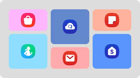 Se muestran seis iconos de aplicaciones Galaxy, incluyendo Galaxy Store, Samsung Health, Samsung Cloud, Email, Samsung Notes y One UI Home.