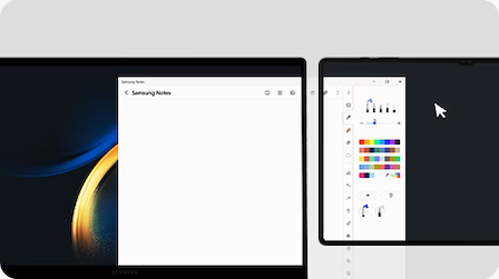 Un Galaxy Book3 y una Galaxy Tab S8 Ultra se colocan uno al lado del otro con una ventana de Samsung Notes abierta en la pantalla y extendida desde la PC hasta la pantalla de la tableta.