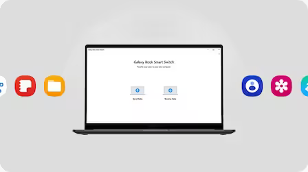 Un Galaxy Book3 en grafito se abre y mira hacia adelante con la aplicación Smart Switch abierta en la pantalla. Alrededor del dispositivo, se muestran los íconos de las aplicaciones SmartThings, Samsung Notes, My Files, Contacts, Gallery y Samsung Health.